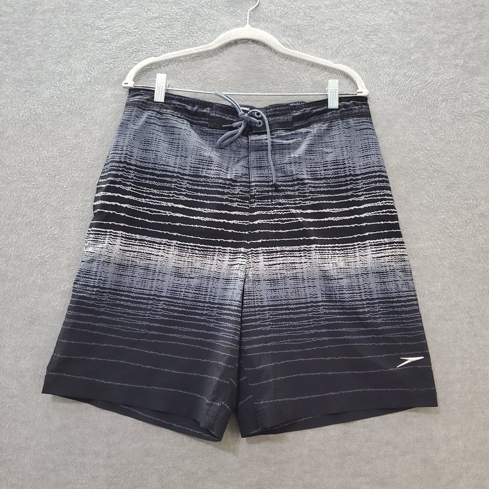 Speedo Men Swimwear Large Gray Striped Trunks‎ Mesh Logo Drawstring 9 in Inseam